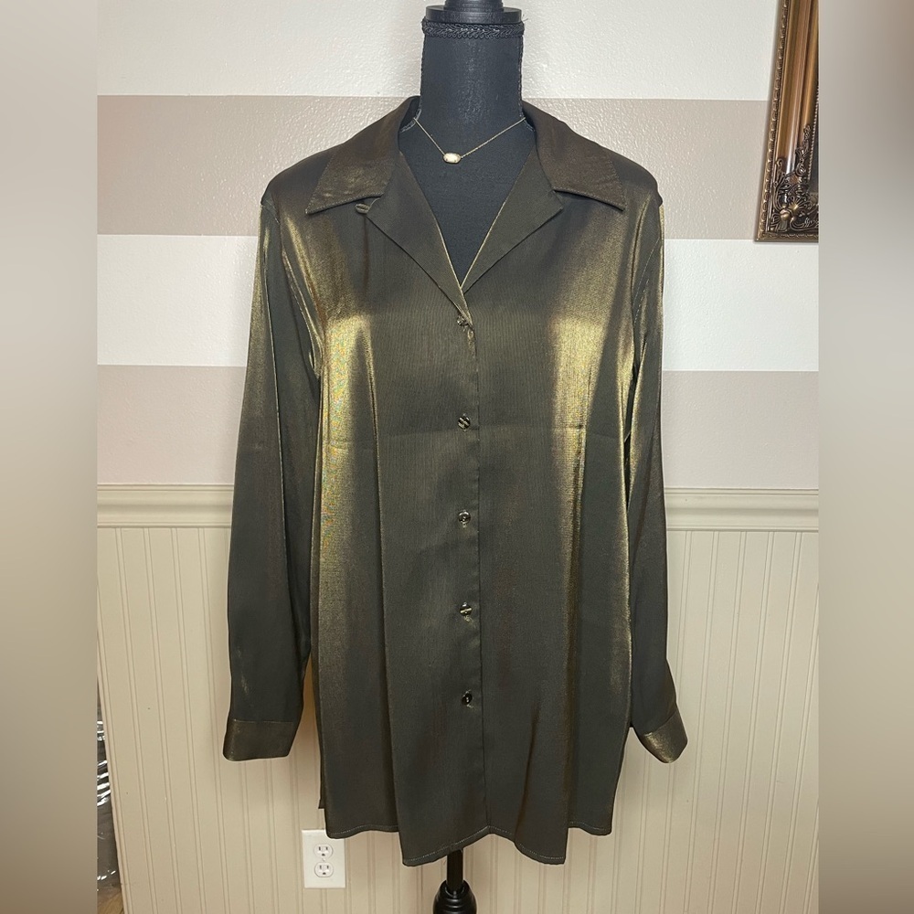Vintage Jaclyn Smith Green Metallic Button-Up Blouse size 14 - Picture 1 of 9
